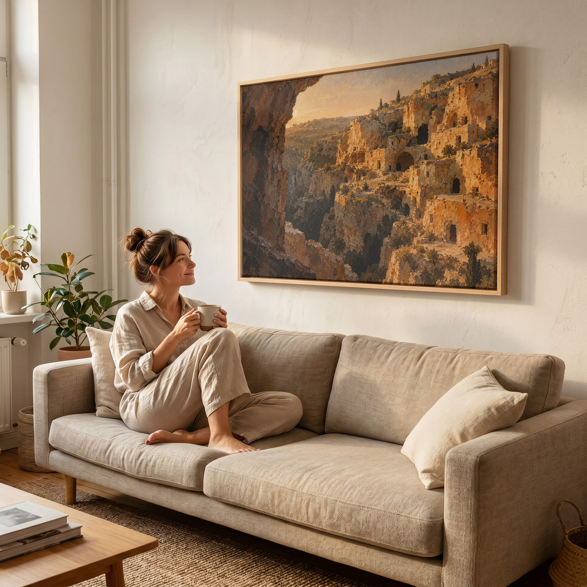 Mediterranean canvas wall art showing honey limestone cave dwellings stacked up a steep ravine in warm evening light