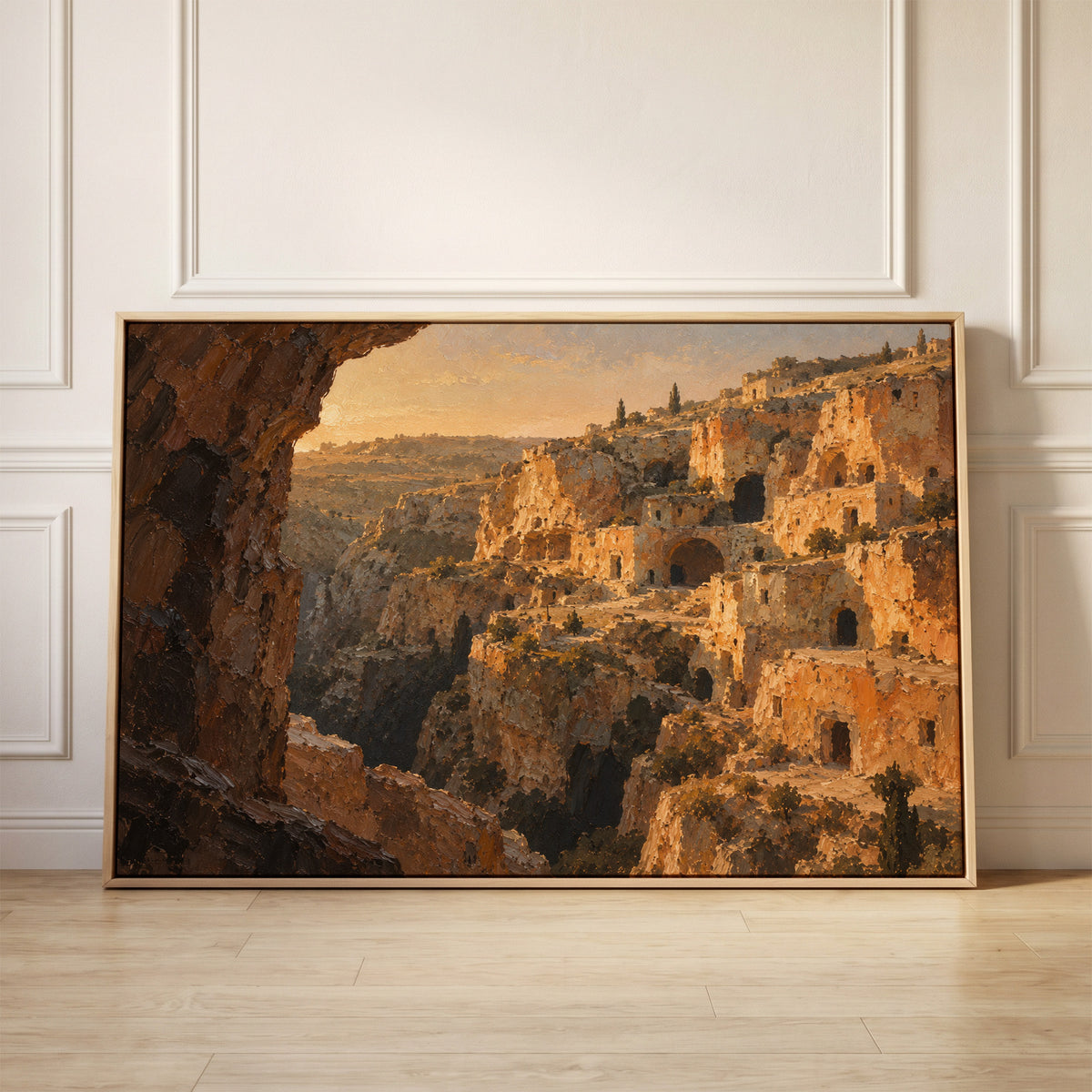Honey limestone cave dwellings stacked up a steep ravine in warm evening light, canvas wall art
