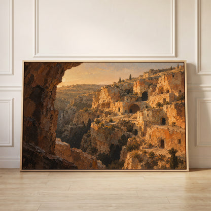 Honey limestone cave dwellings stacked up a steep ravine in warm evening light, canvas wall art