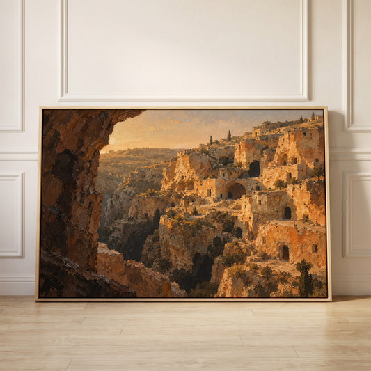 Honey limestone cave dwellings stacked up a steep ravine in warm evening light, canvas wall art