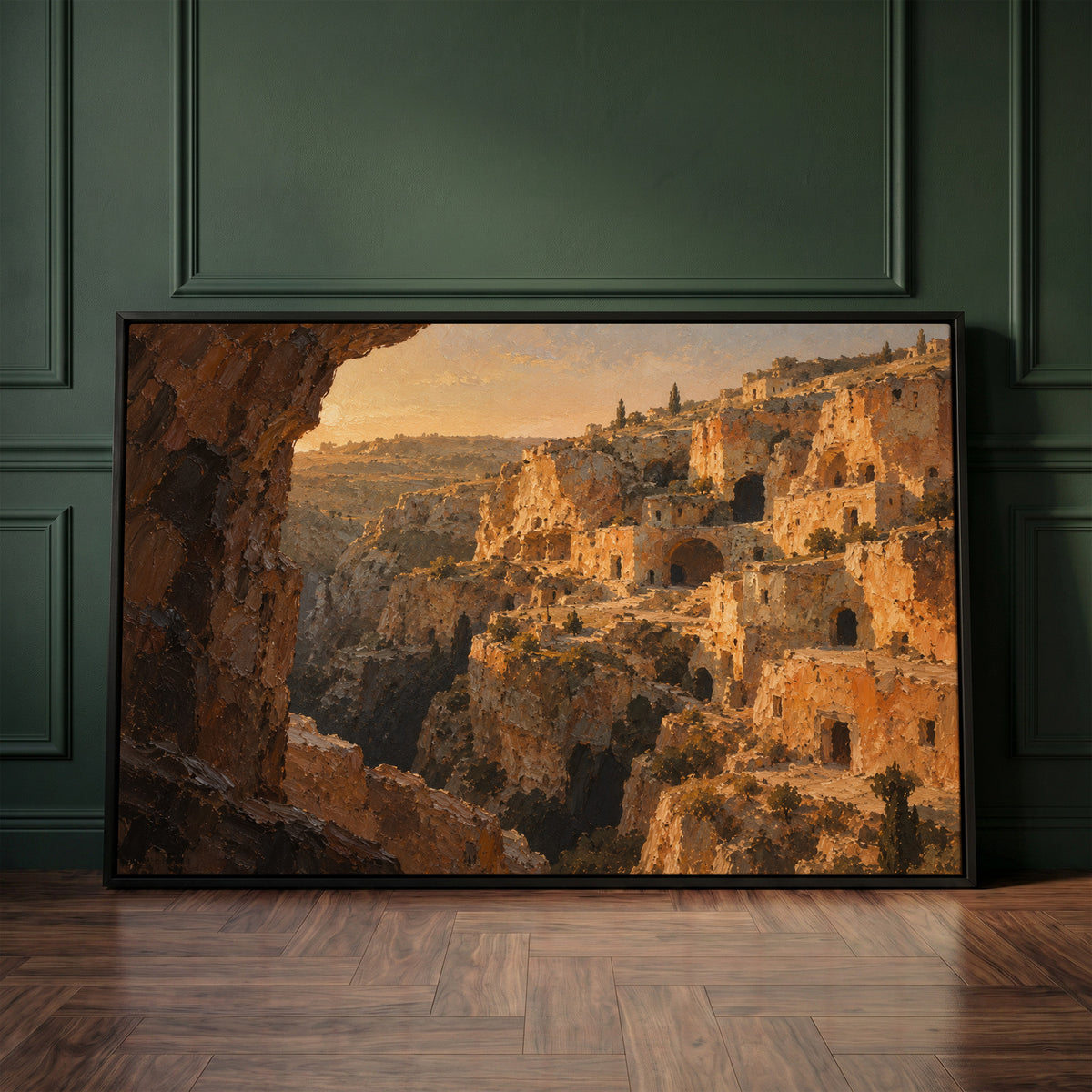 Honey limestone cave dwellings stacked up a steep ravine in warm evening light, canvas print