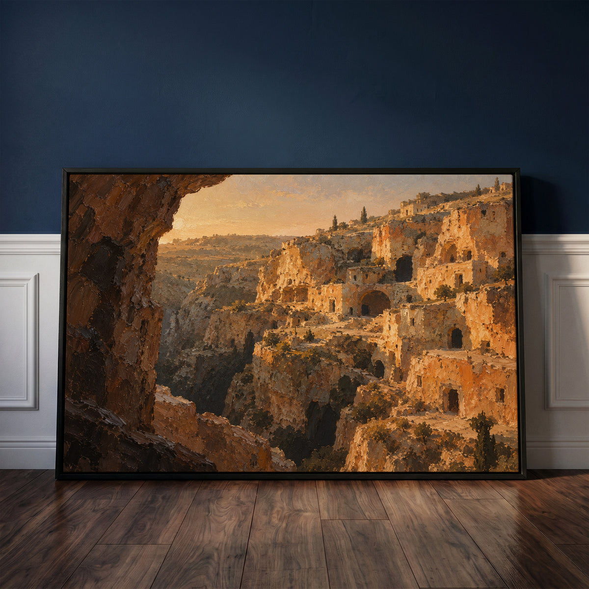 Italy canvas wall art showing honey limestone cave dwellings stacked up a steep ravine in warm evening light