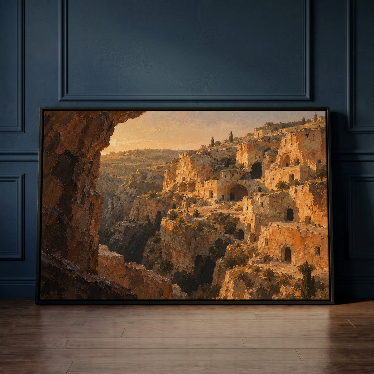 Limestone canvas wall art showing honey limestone cave dwellings stacked up a steep ravine in warm evening light