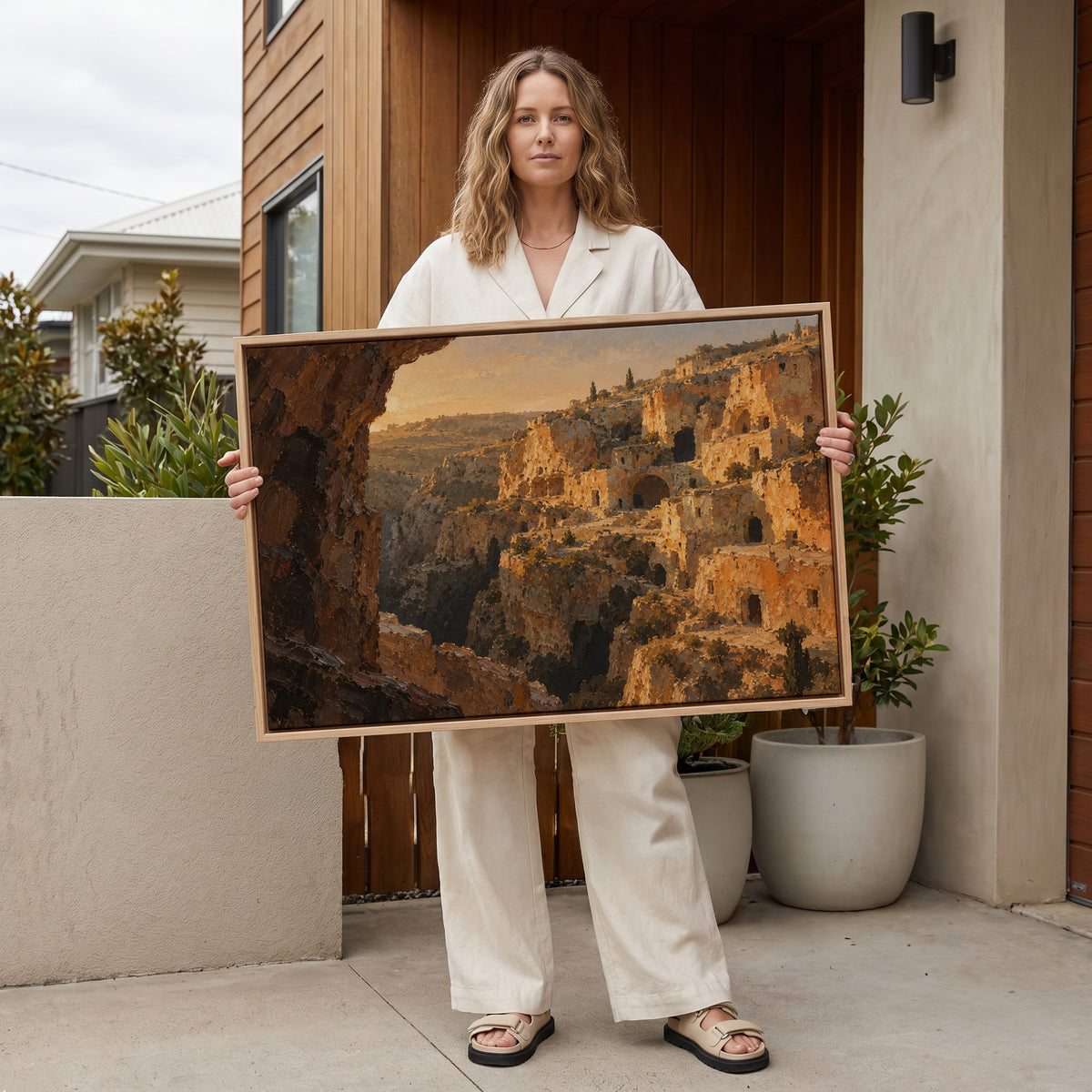 Sassi di matera canvas wall art showing honey limestone cave dwellings stacked up a steep ravine in warm evening light