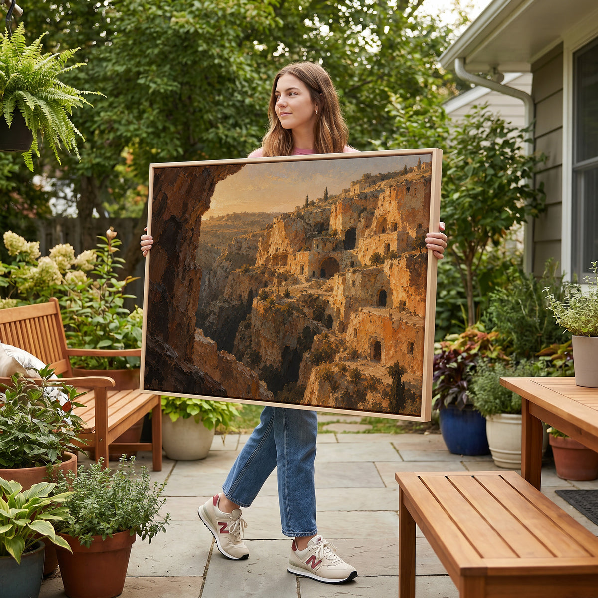 Honey limestone cave dwellings stacked up a steep ravine in warm evening light, canvas art print