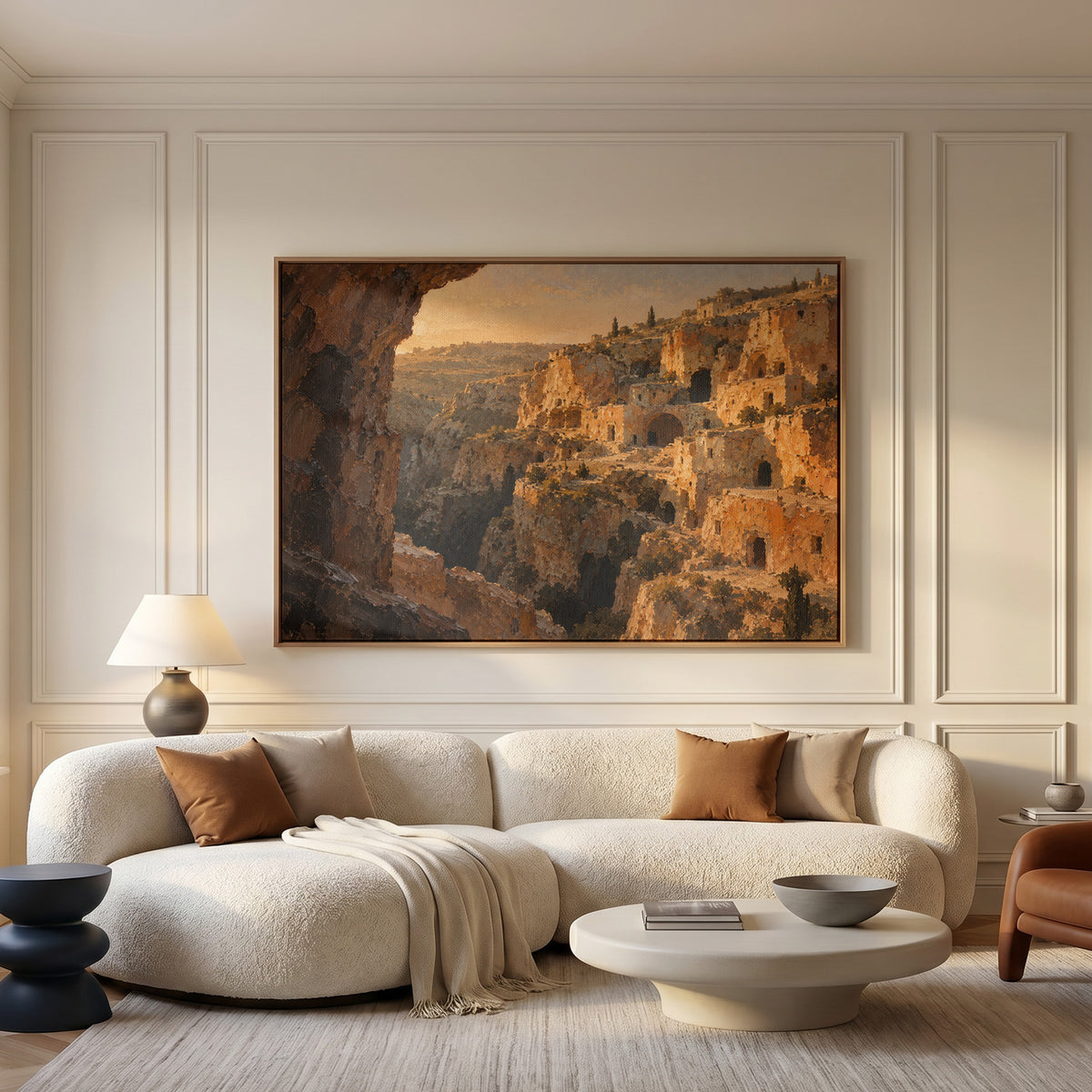 Honey limestone cave dwellings stacked up a steep ravine in warm evening light, wall art print