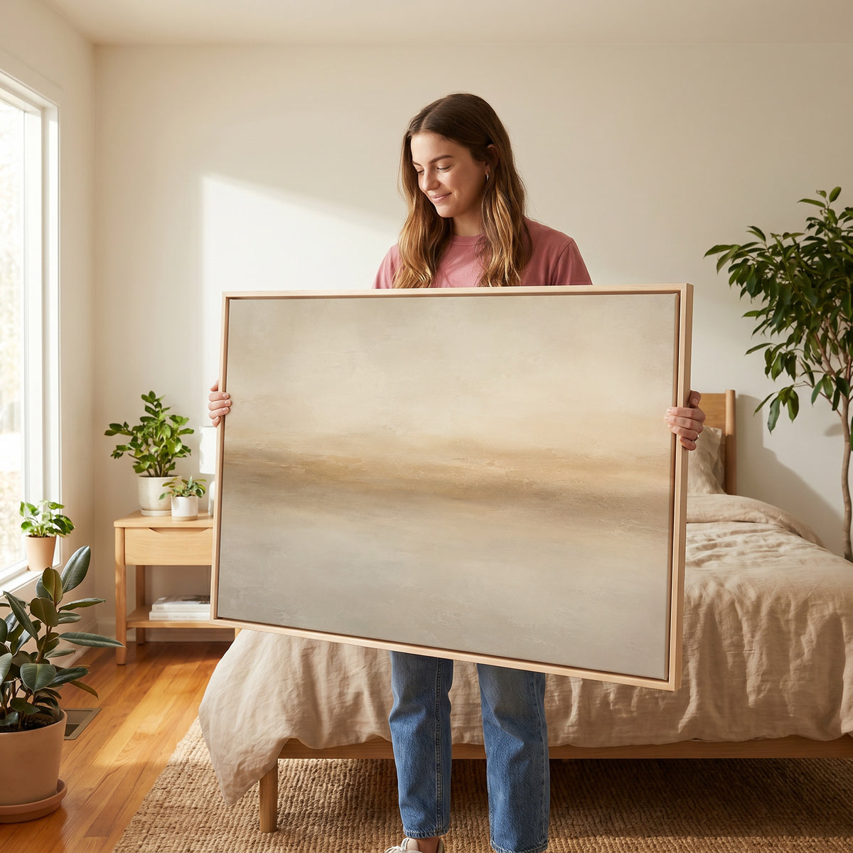 Soft beige abstract horizon with a warm sand band dissolving into pale grey, wall art print