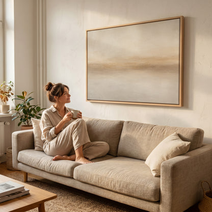 Abstract horizon canvas wall art showing soft beige abstract horizon with a warm sand band dissolving into pale grey