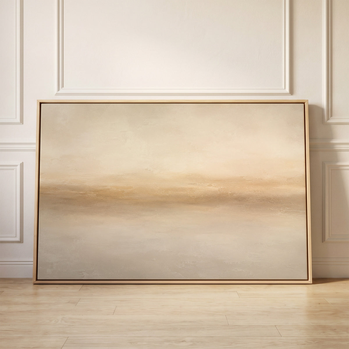 Soft beige abstract horizon with a warm sand band dissolving into pale grey, canvas wall art