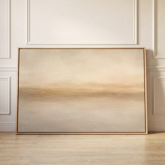 Soft beige abstract horizon with a warm sand band dissolving into pale grey, canvas wall art