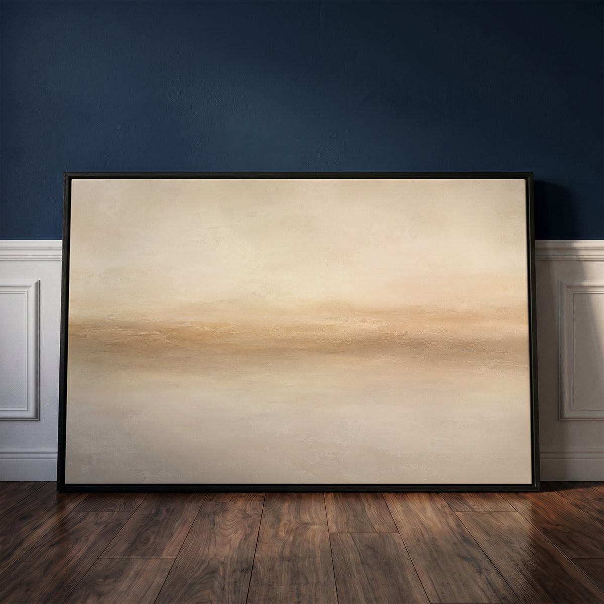 Japandi canvas wall art showing soft beige abstract horizon with a warm sand band dissolving into pale grey