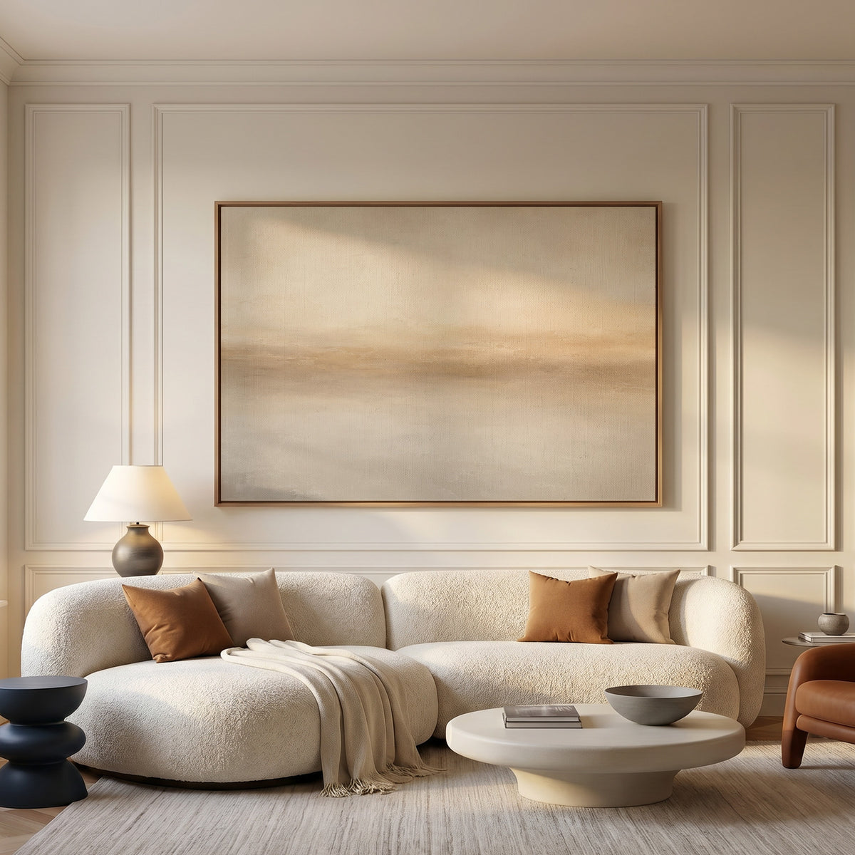 Soft beige abstract horizon with a warm sand band dissolving into pale grey, canvas print