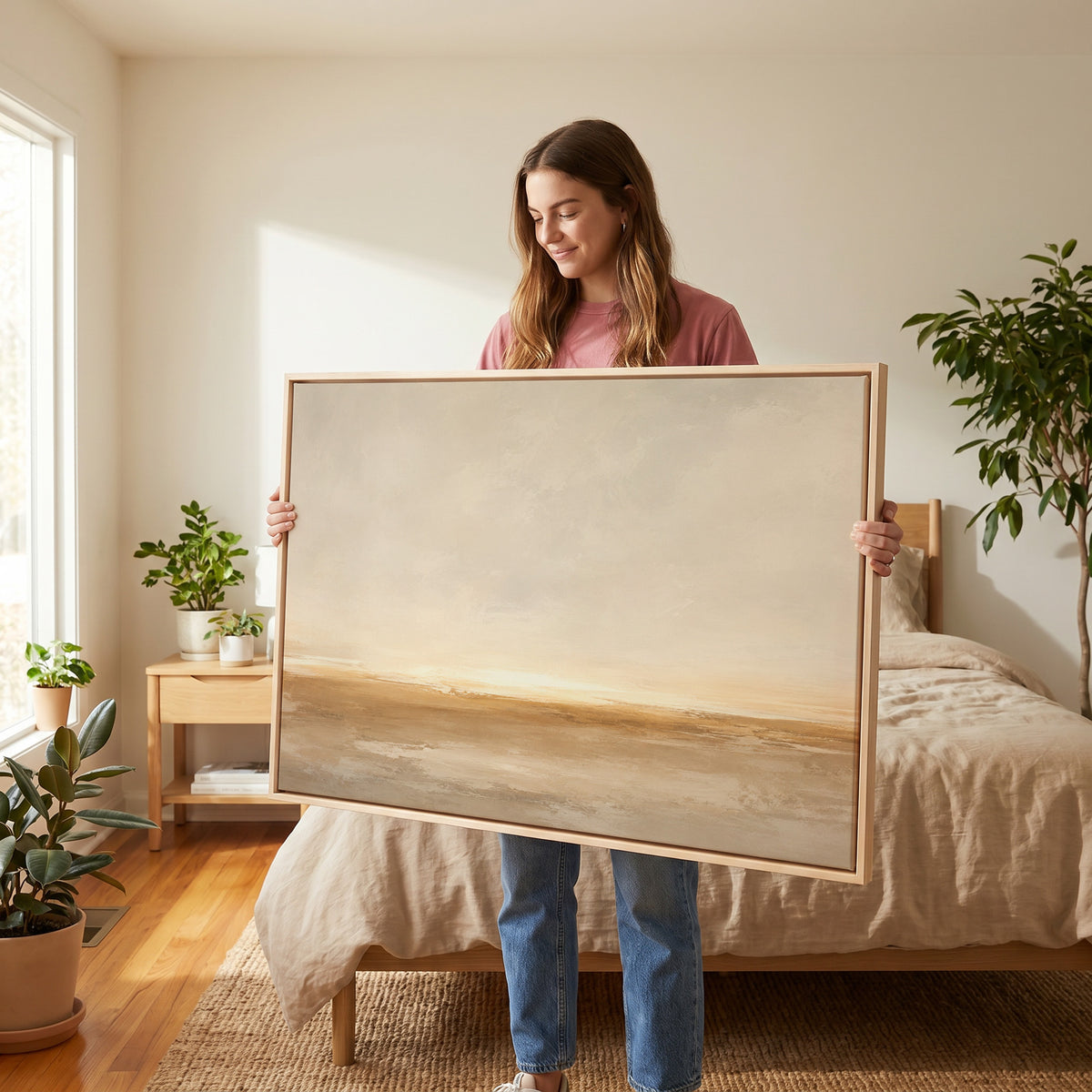 Modern organic canvas wall art showing wide pale sky over a soft ochre shoreline with light breaking along the horizon