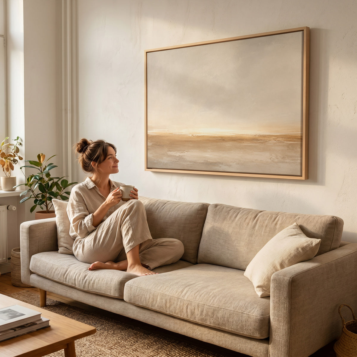 Pale sky canvas wall art showing wide pale sky over a soft ochre shoreline with light breaking along the horizon