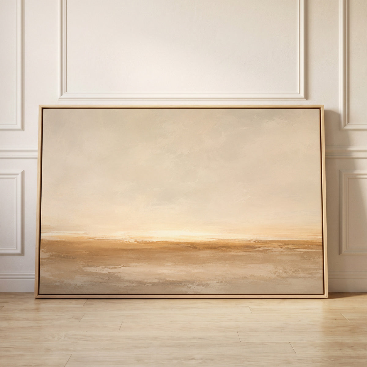 Wide pale sky over a soft ochre shoreline with light breaking along the horizon, canvas wall art