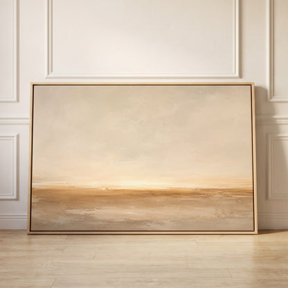 Wide pale sky over a soft ochre shoreline with light breaking along the horizon, canvas wall art