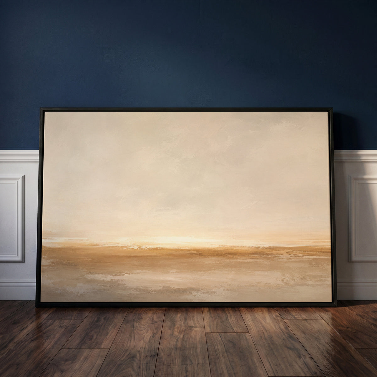 Wide pale sky over a soft ochre shoreline with light breaking along the horizon, wall art print
