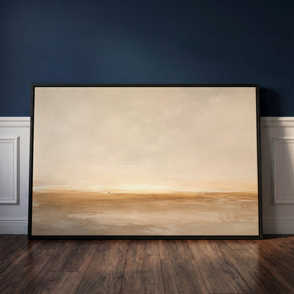 Wide pale sky over a soft ochre shoreline with light breaking along the horizon, wall art print