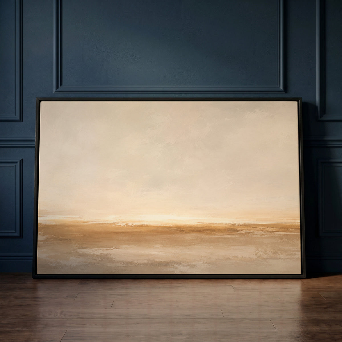 Beige canvas wall art showing wide pale sky over a soft ochre shoreline with light breaking along the horizon
