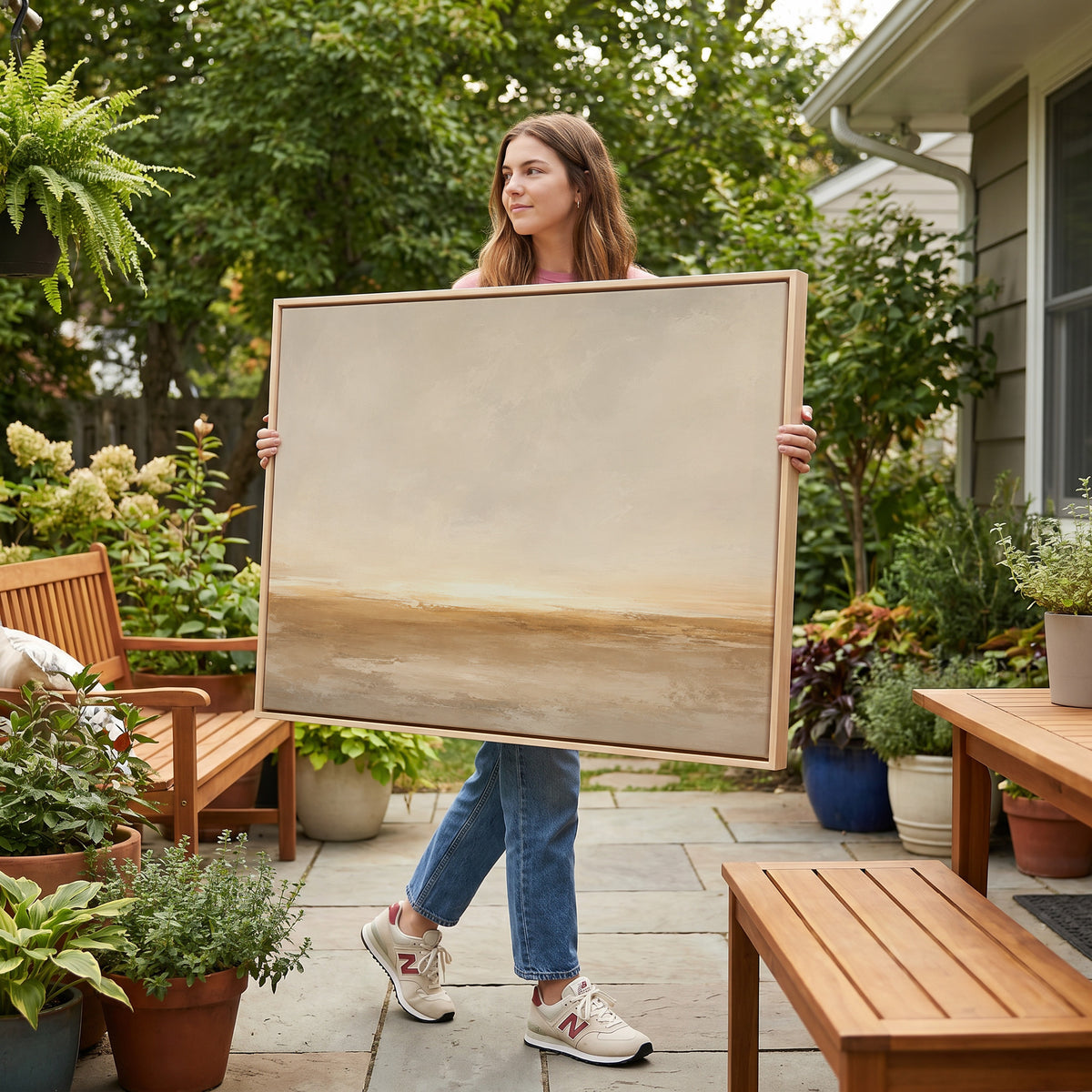 Oatmeal canvas wall art showing wide pale sky over a soft ochre shoreline with light breaking along the horizon