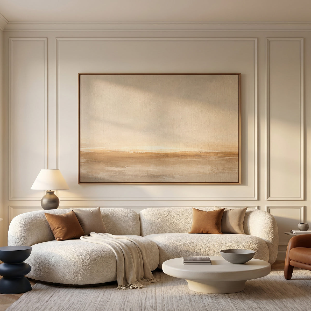 Abstract horizon canvas wall art showing wide pale sky over a soft ochre shoreline with light breaking along the horizon
