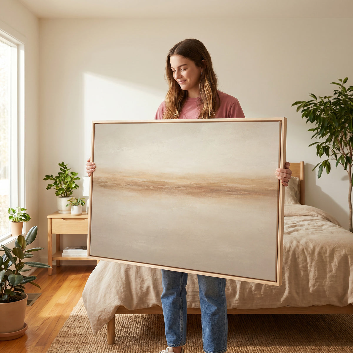 Japandi canvas wall art showing a soft terracotta band running across a pale sand ground like a distant shore