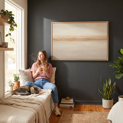 Organic modern canvas wall art showing a soft terracotta band running across a pale sand ground like a distant shore