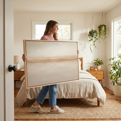Modern minimal canvas wall art showing a soft terracotta band running across a pale sand ground like a distant shore