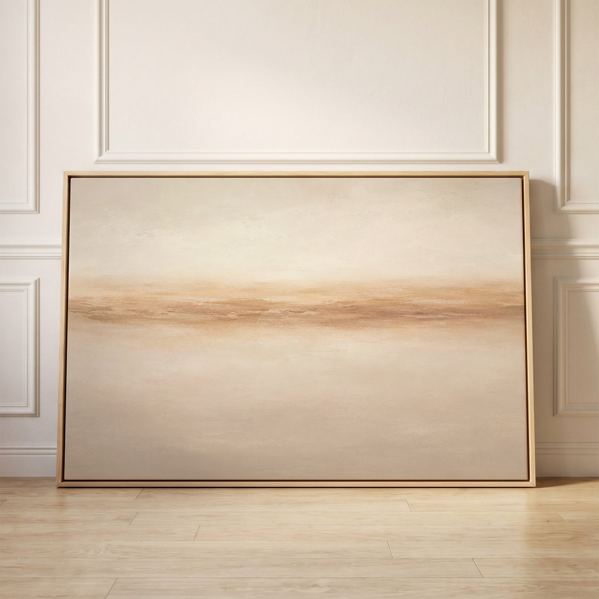 A soft terracotta band running across a pale sand ground like a distant shore, canvas wall art