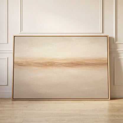 A soft terracotta band running across a pale sand ground like a distant shore, canvas wall art