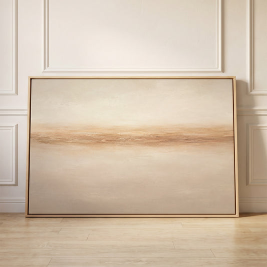 A soft terracotta band running across a pale sand ground like a distant shore, canvas wall art