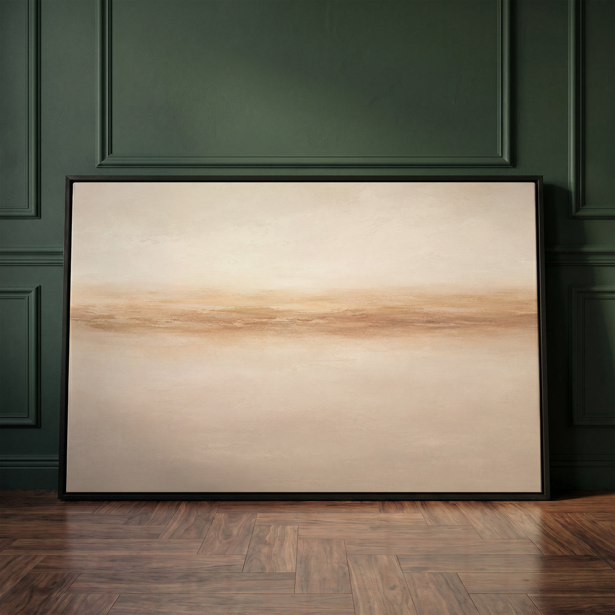 Warm beige canvas wall art showing a soft terracotta band running across a pale sand ground like a distant shore
