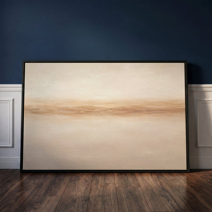 Abstract horizon canvas wall art showing a soft terracotta band running across a pale sand ground like a distant shore