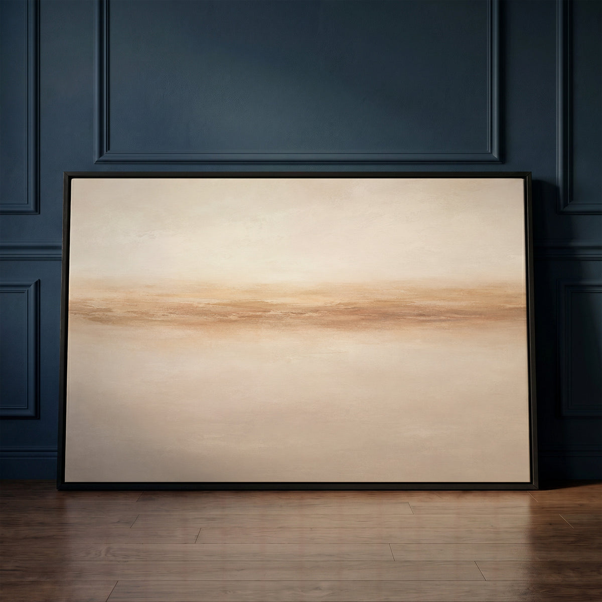 Minimal canvas wall art showing a soft terracotta band running across a pale sand ground like a distant shore