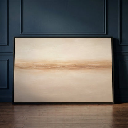 Minimal canvas wall art showing a soft terracotta band running across a pale sand ground like a distant shore