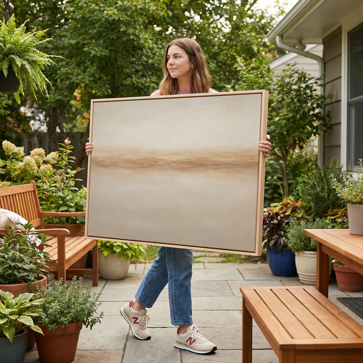 Soft abstract canvas wall art showing a soft terracotta band running across a pale sand ground like a distant shore