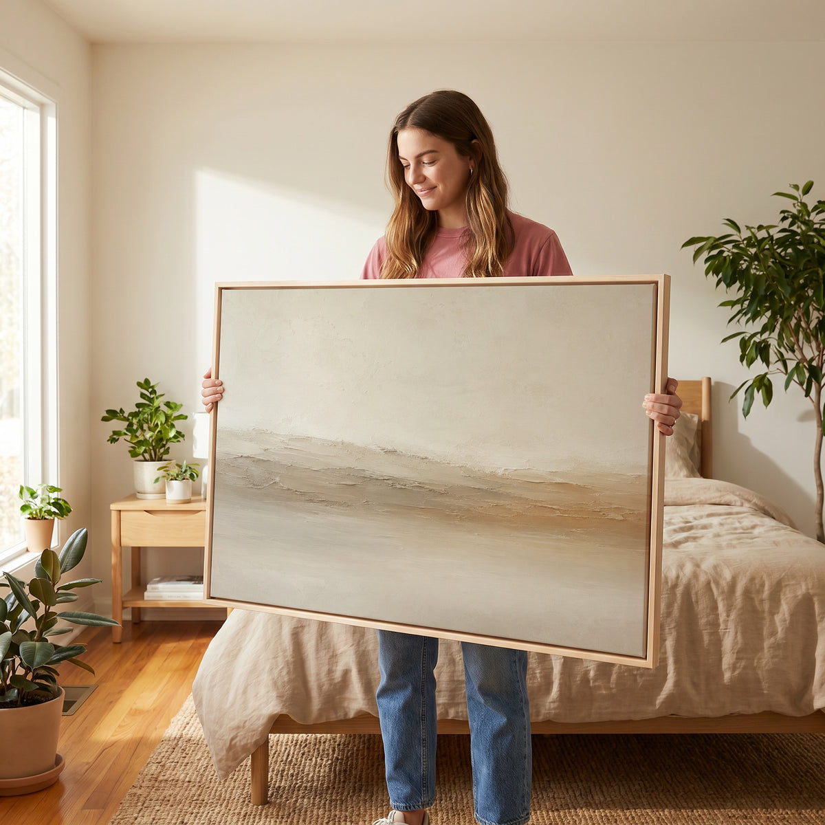 Scraped paint canvas wall art showing pale abstract landscape with a scraped ridge of cream and ochre across the middle