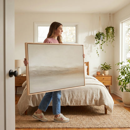 Pale abstract landscape with a scraped ridge of cream and ochre across the middle, canvas art print