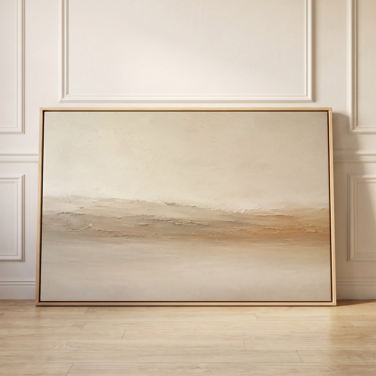 Pale abstract landscape with a scraped ridge of cream and ochre across the middle, canvas wall art