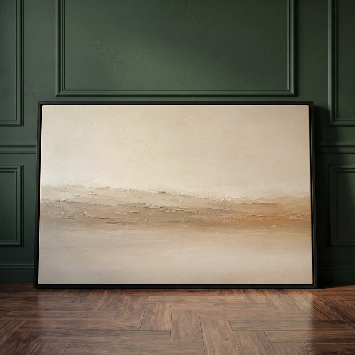 Beige canvas wall art showing pale abstract landscape with a scraped ridge of cream and ochre across the middle