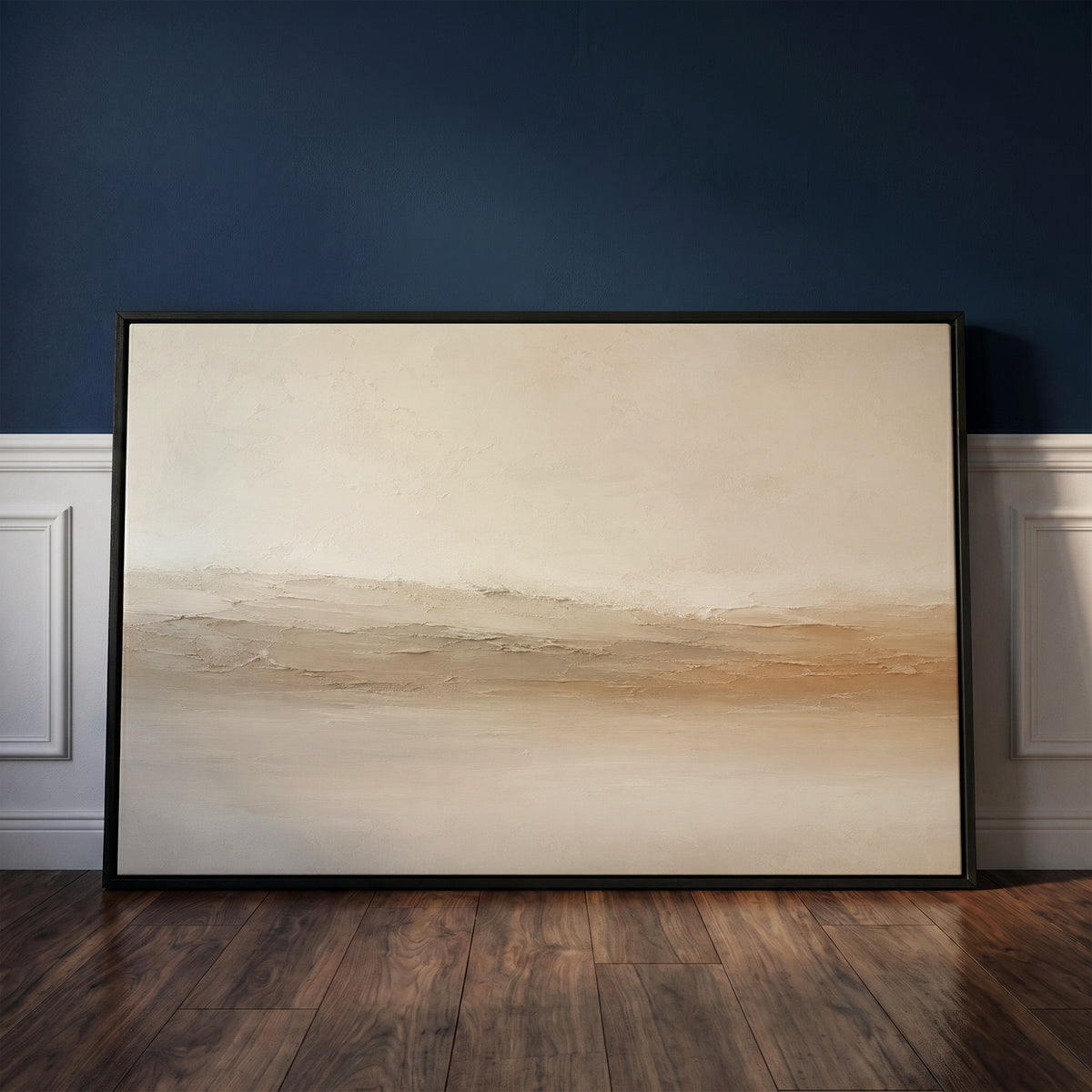 Abstract canvas wall art showing pale abstract landscape with a scraped ridge of cream and ochre across the middle