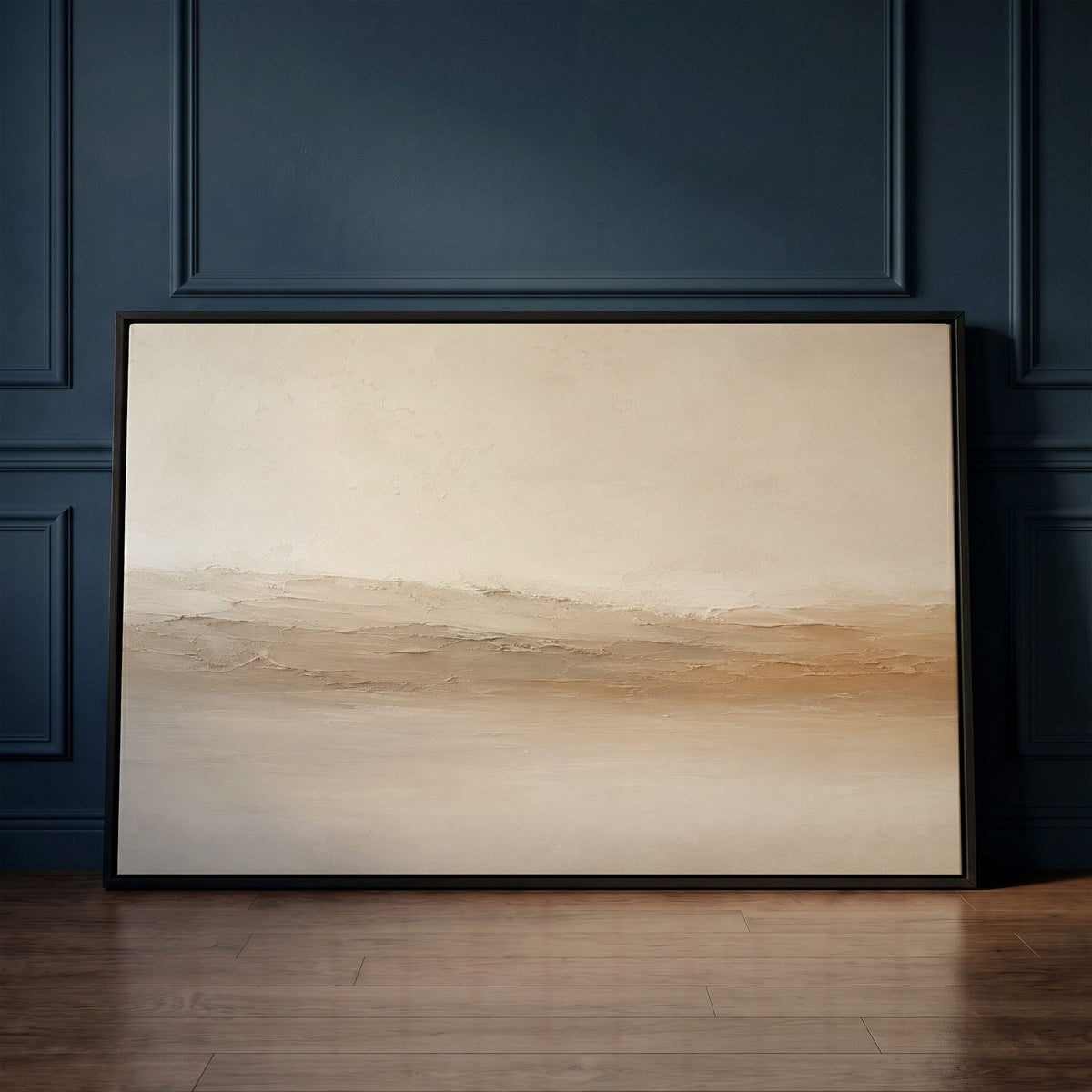 Bone and ochre canvas wall art showing pale abstract landscape with a scraped ridge of cream and ochre across the middle