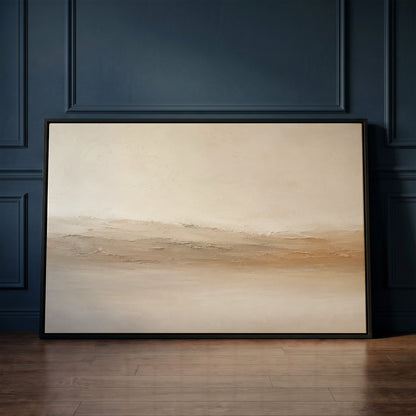 Bone and ochre canvas wall art showing pale abstract landscape with a scraped ridge of cream and ochre across the middle