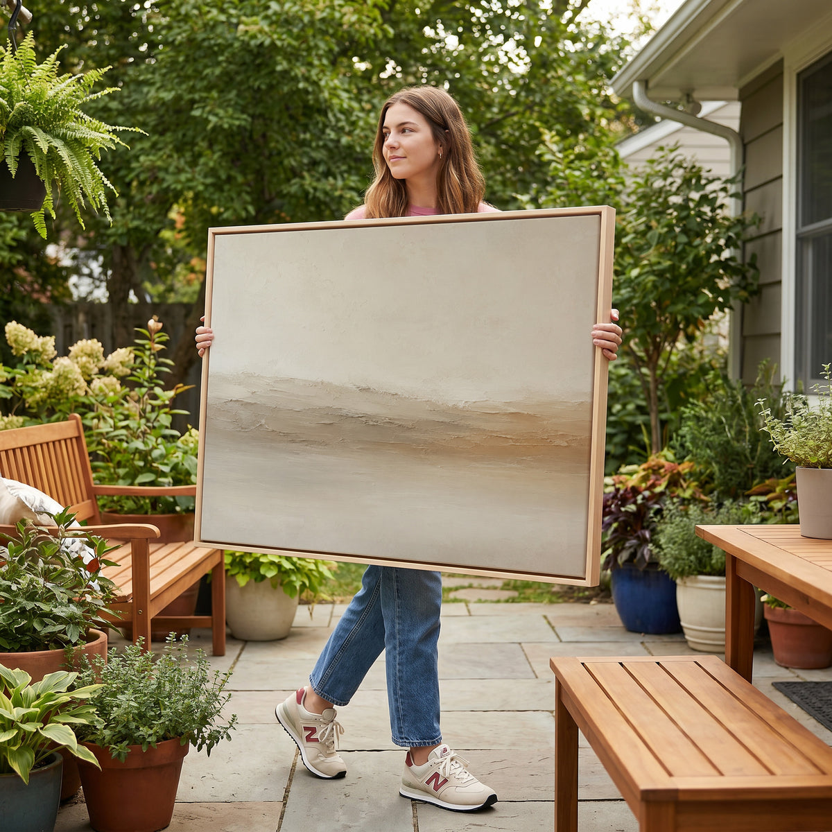Neutral canvas canvas wall art showing pale abstract landscape with a scraped ridge of cream and ochre across the middle