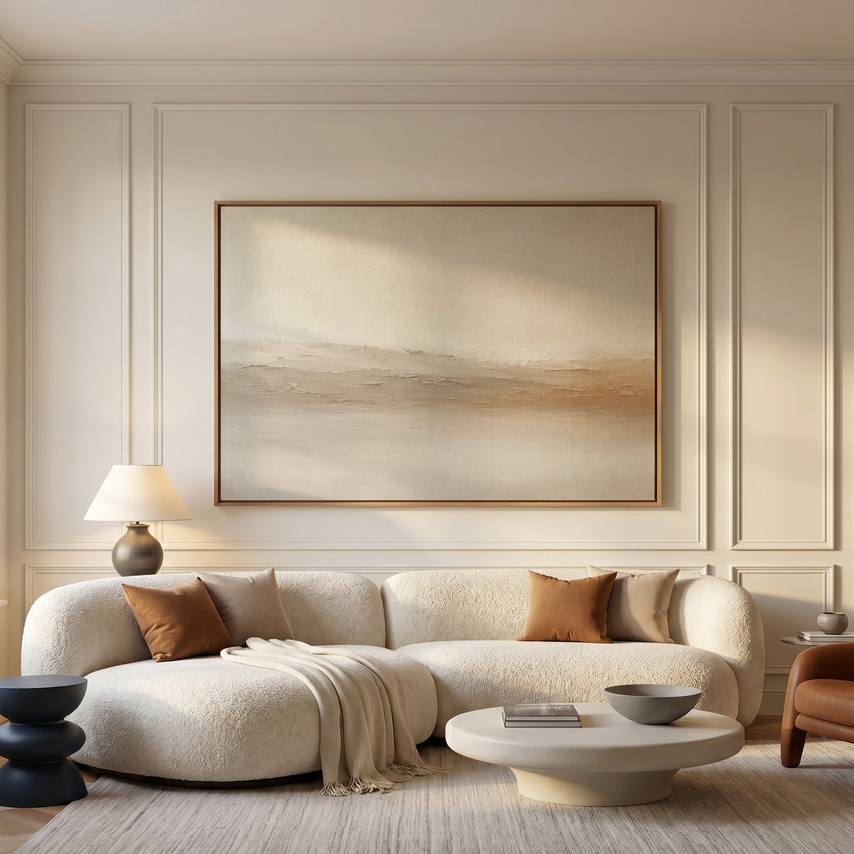 Modern organic canvas wall art showing pale abstract landscape with a scraped ridge of cream and ochre across the middle