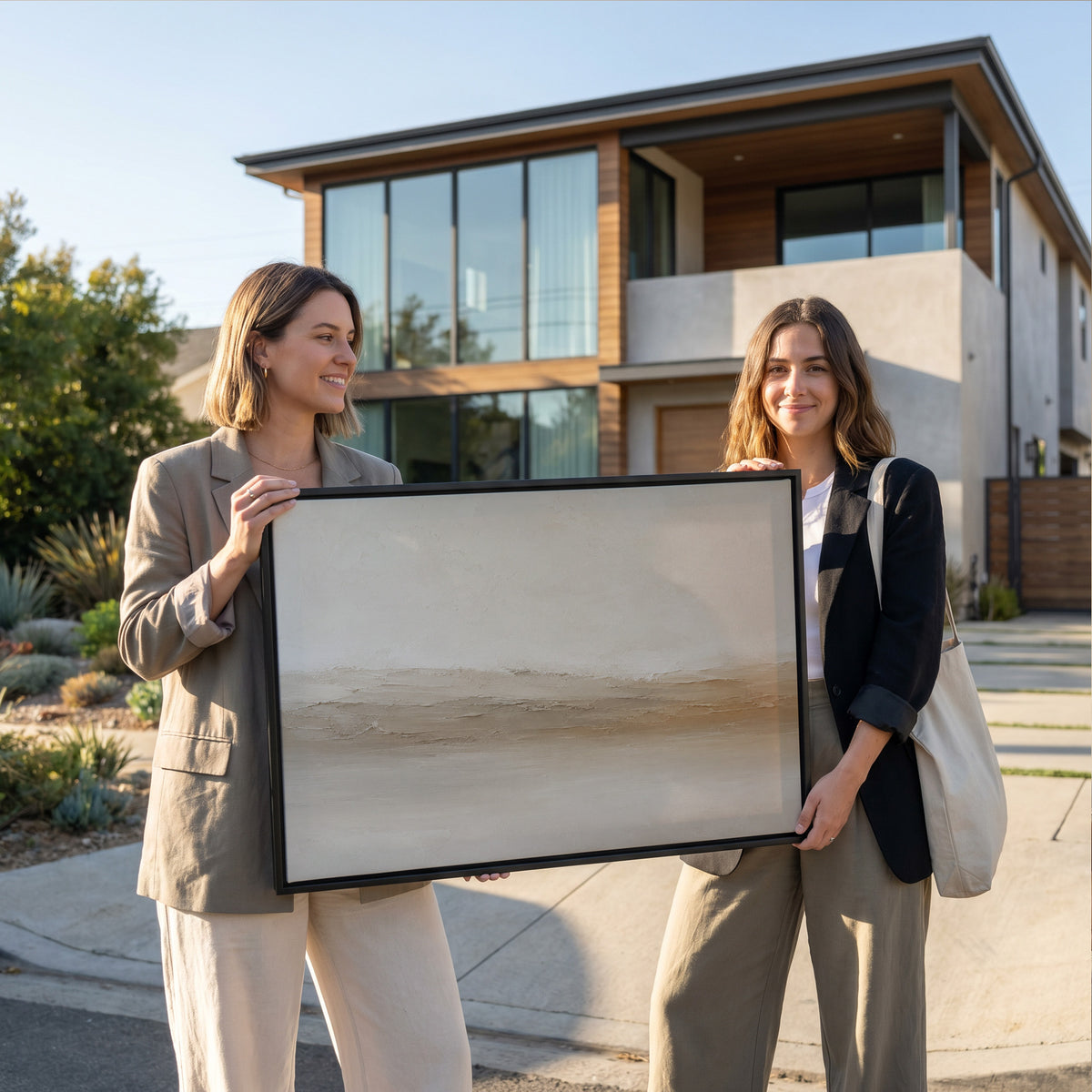 Calm canvas wall art showing pale abstract landscape with a scraped ridge of cream and ochre across the middle
