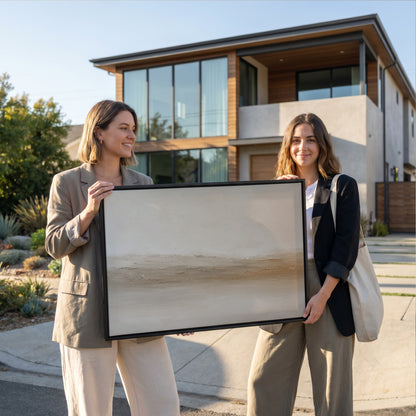 Calm canvas wall art showing pale abstract landscape with a scraped ridge of cream and ochre across the middle
