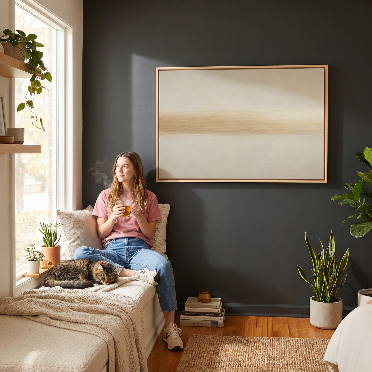 Ivory canvas wall art showing a single soft golden band drawn across a pale ivory ground