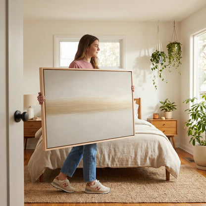 Gold band canvas wall art showing a single soft golden band drawn across a pale ivory ground
