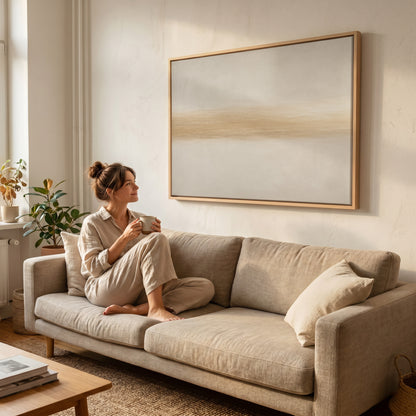 Japandi canvas wall art showing a single soft golden band drawn across a pale ivory ground